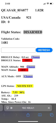 An image of the QUASAR_8F6877 menu, with parameters like Flight Status, Drogue & main Altitude/Delay, & GPS Status.